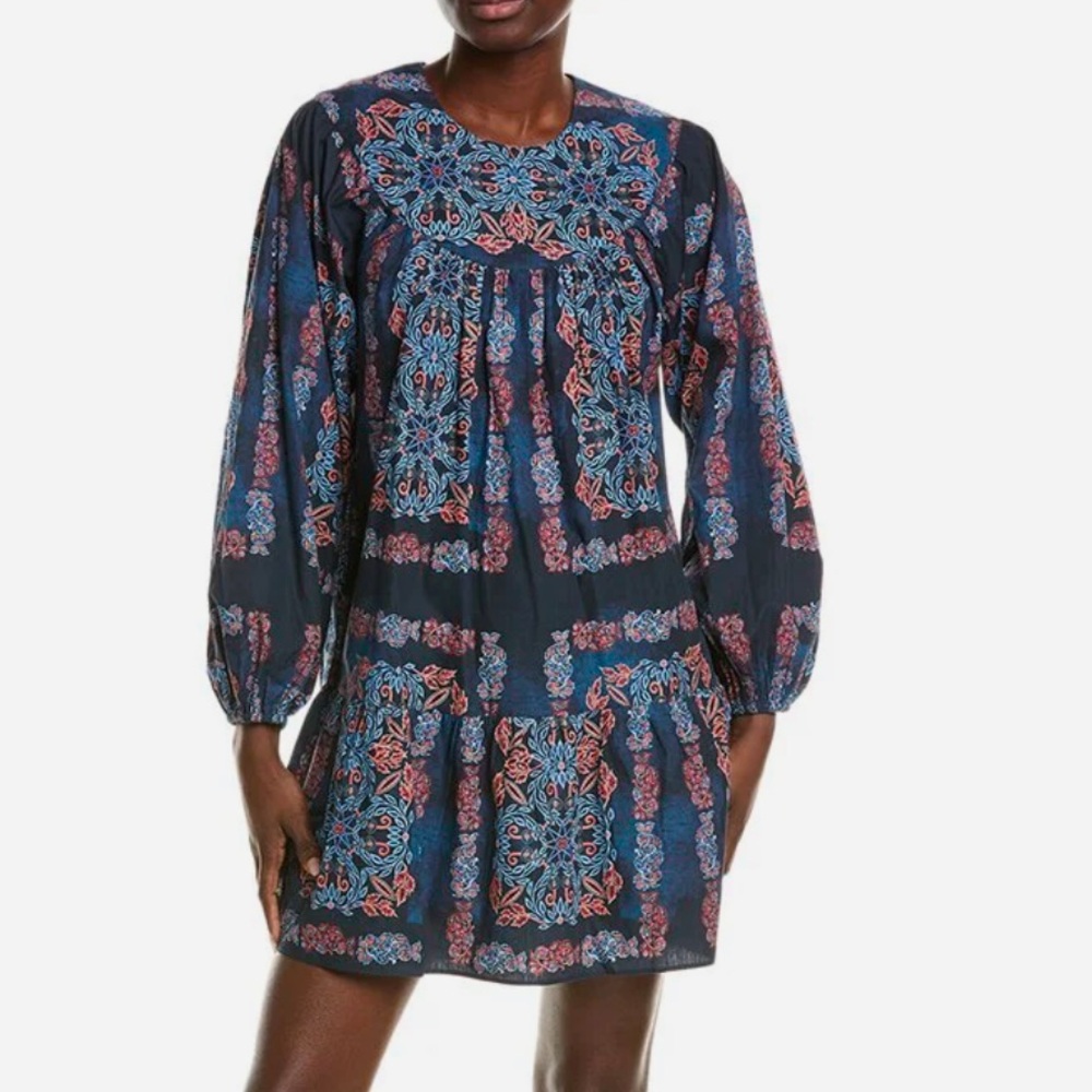 Celina Moon Women’s Blue Boho Puff Sleeve Crew Neck Mini Dress M NWT